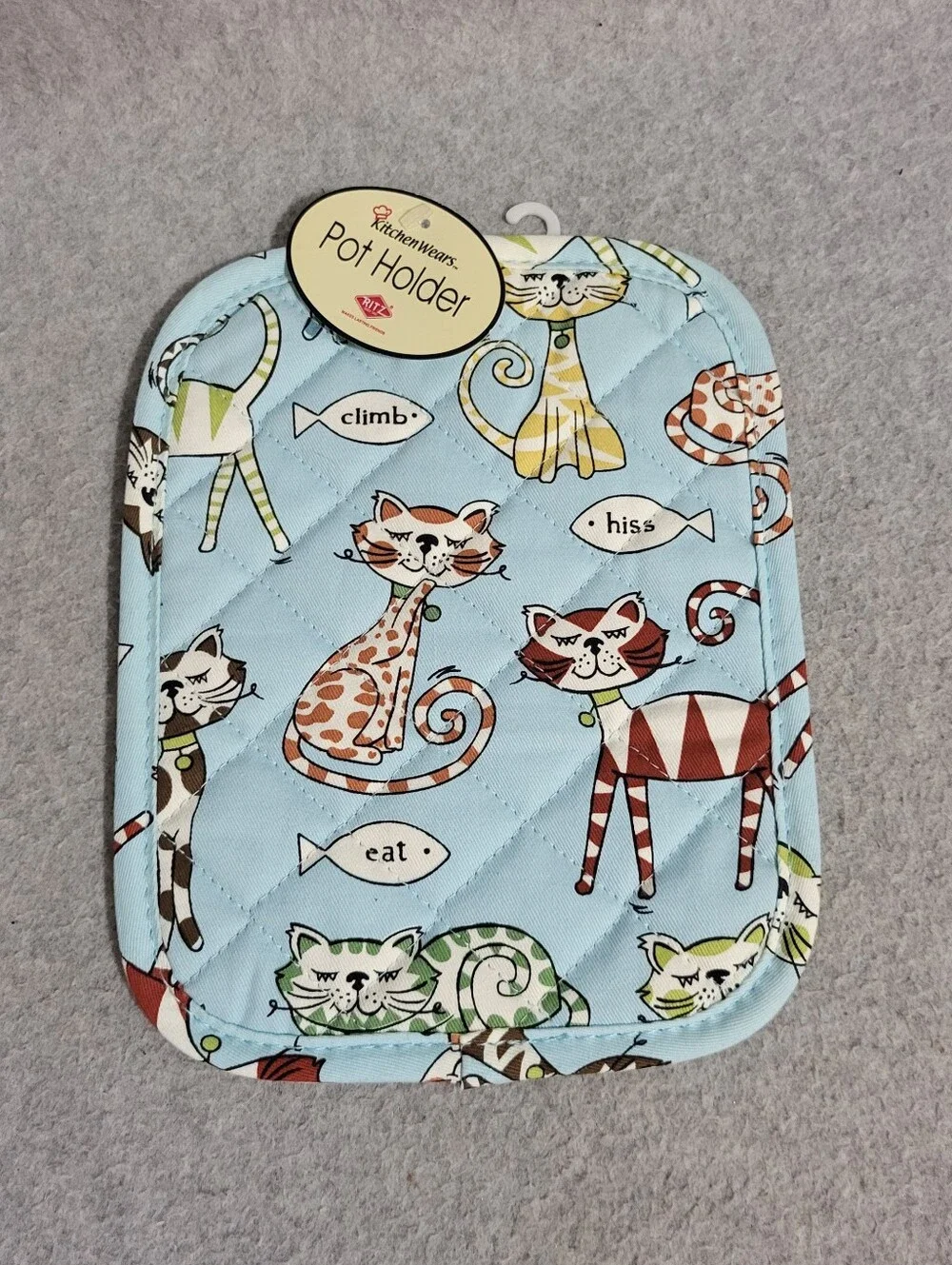 Ritz Kitchen Wears Retro Cats Set 2 Potholders Hot Pads Blue Quilted Kitsch MCM